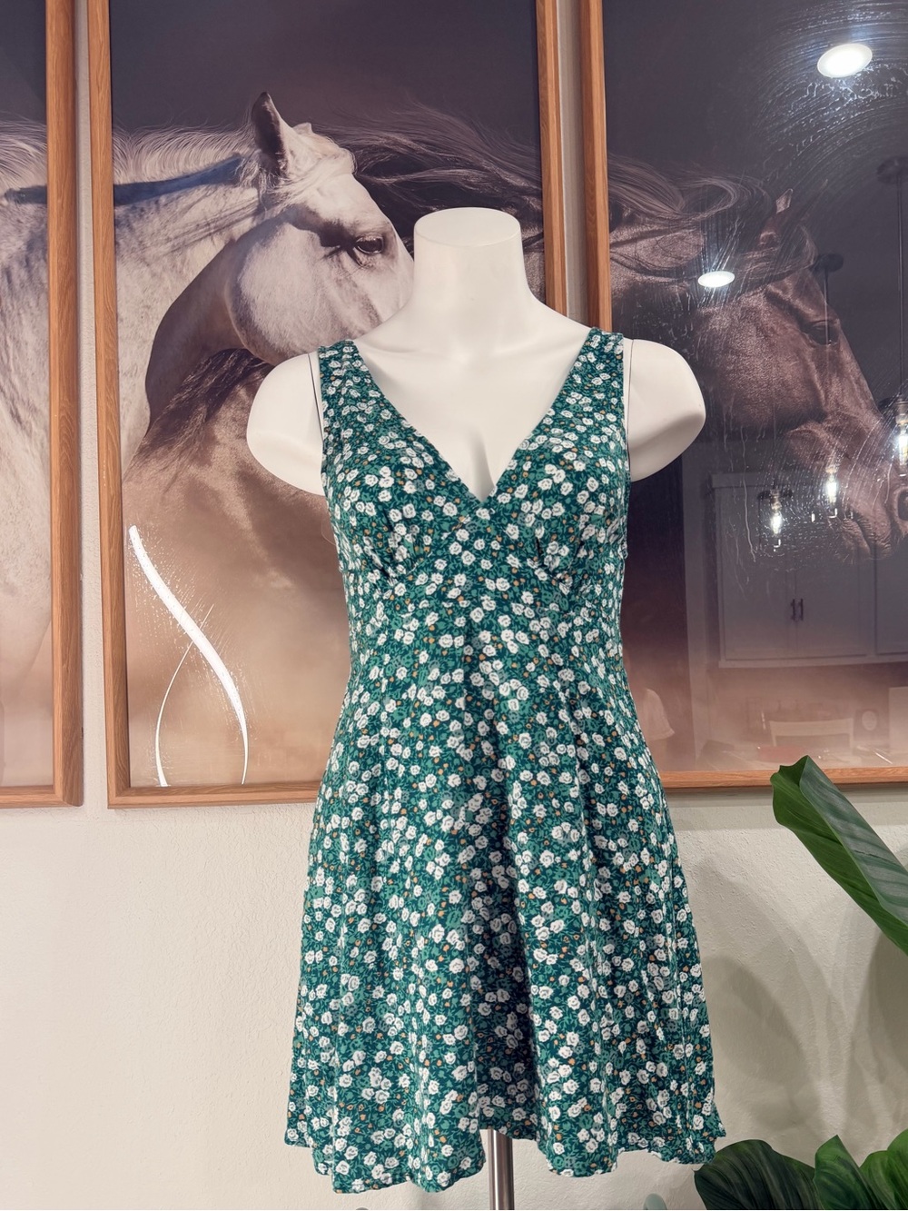 Motel Green Floral Fit & Flare Mini Dress | Cottagecore V-Neck Sleeveless